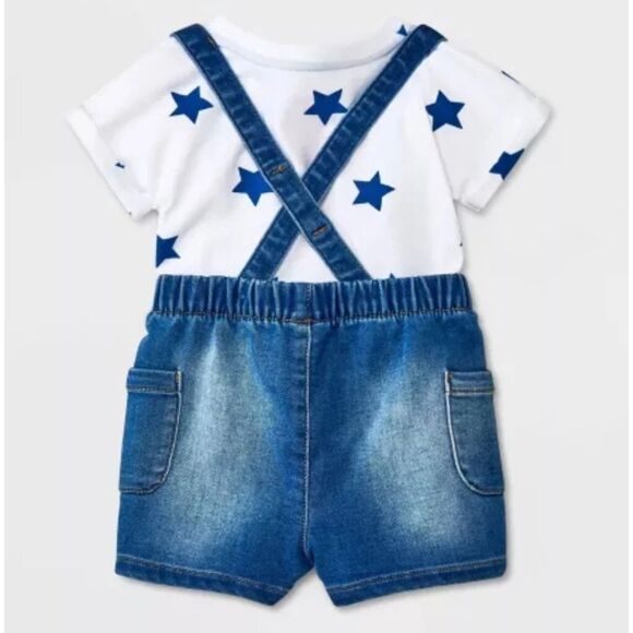 NEW NWT Boys Sz 18 Months Blue Star Bodysuit & Denim Suspender Shorts 2 Pc Set - Picture 4 of 4